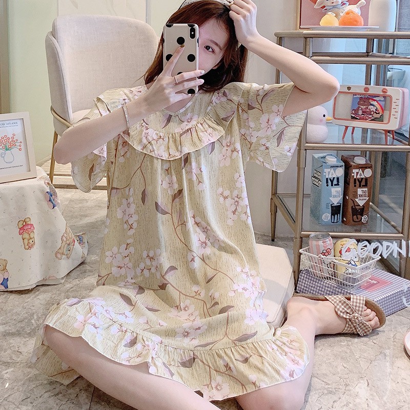 [SẴN] Váy ngủ lanh lụa⚡CÓ SIZE⚡️QCCC Đầm mặc nhà cotton lanh lụa phối bèo mát mẻ mùa hè bầu và sau sinh | BigBuy360 - bigbuy360.vn