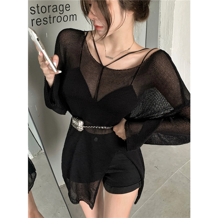 Bộ Áo Dệt Kim Tay Dài + Áo Hai Dây Chống Nắng Màu Trong Suốt Phong Cách Hàn Quốc Thời Trang Mùa Hè Cho Bạn Gái
