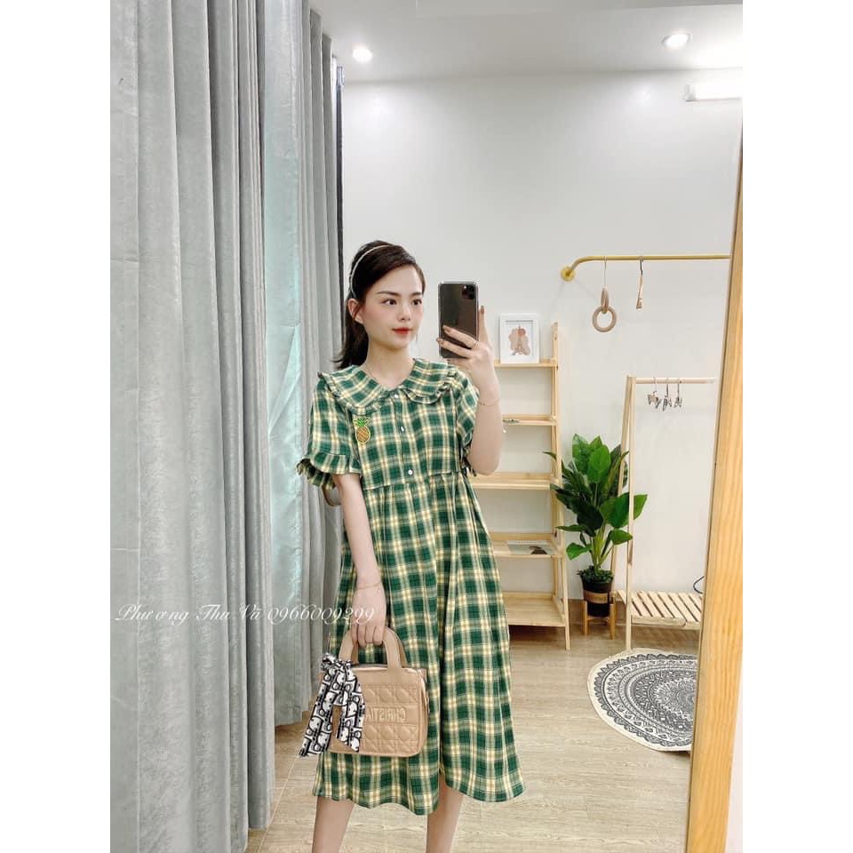 Váy baby doll cổ bẻ váy hai dây kẻ caro xanh baby doll trái dứa siêu xinh dễ thương thời trang nữ váy công chúa đầm cute | BigBuy360 - bigbuy360.vn