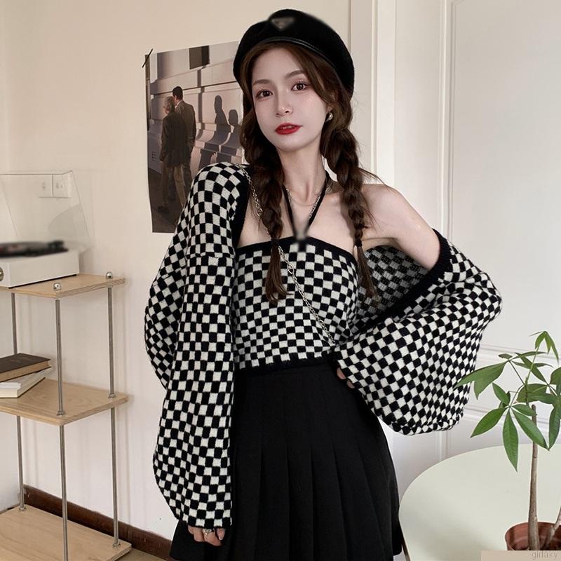 Áo cổ yếm / Áo khoác cardigan dệt kim tay dài dáng rộng sọc caro phong cách Hàn Quốc cho nữ