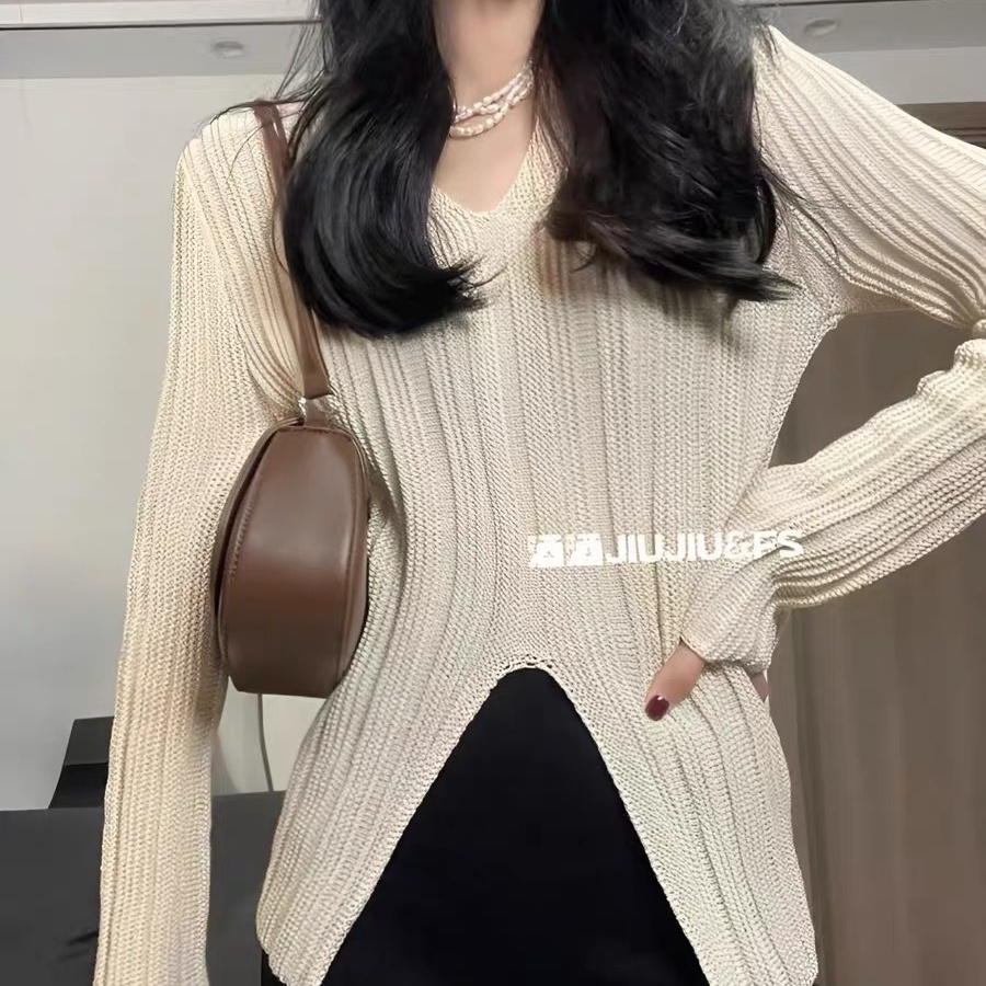 SUXI Áo kiểu dệt kim dài tay cổ chữ V đơn giản thời trang mùa thu dành cho nữ
