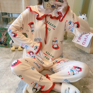 KOREAN STYLE Set Pajamas Áo Dài Tay Cổ Bẻ + Quần Dài Cho Nữ