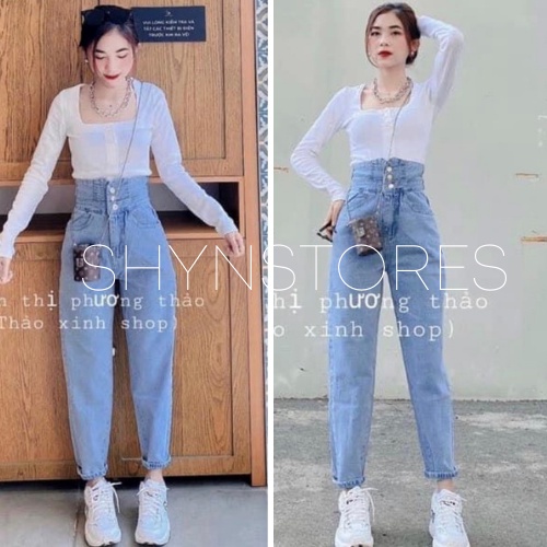 Quần jeans nữ baggy Shynstores 3 khuy đạn lưng cạp cao vải đẹp siêu hot