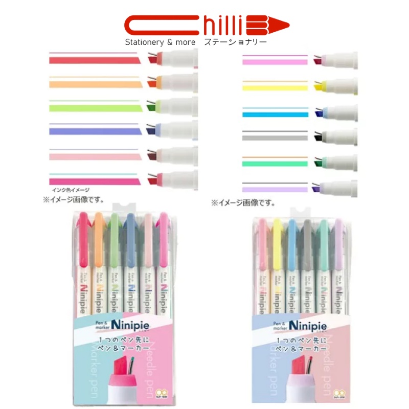 Set Bút Ninipie 2 Ngòi Bút Viết + Bút Đánh Dấu Highlight 2 Màu Pastel Siêu Xinh Combo 3,6