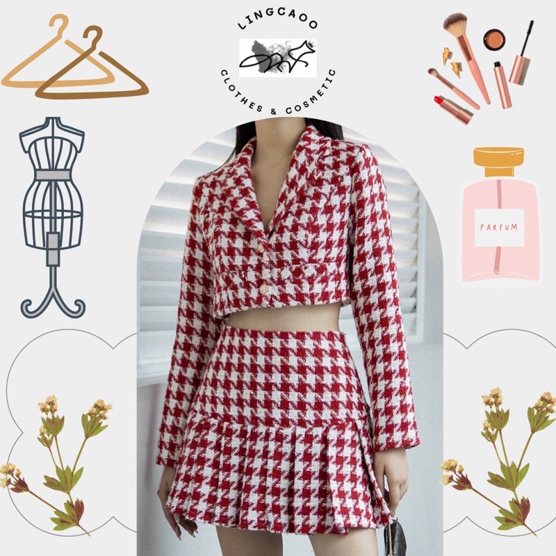 Set dạ tweed kẻ ziczac đỏ chân váy xếp li hottrend
