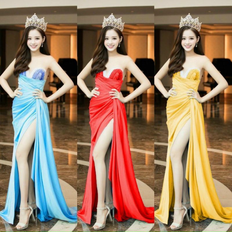Đầm maxi body dạ hội xẻ đùi xếp ly eo, ngực kết cườm đá sang trọng kèm ảnh mẫu mặc chụp