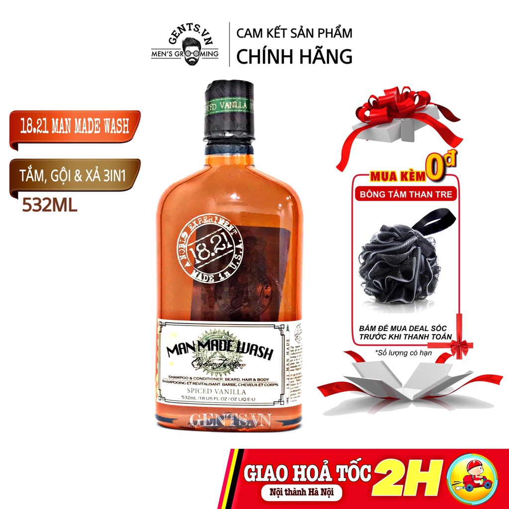 Sữa tắm, dầu gội xả 3in1 cho nam 18.21 Man Made Wash Spiced Vanilla 532ml/950ml hương nước hoa thơm lâu