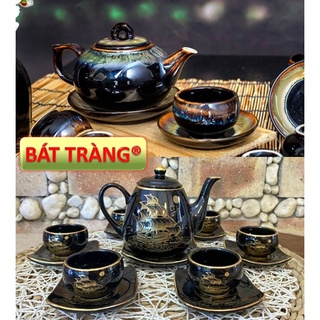 ẤM TRÀ BÁT TRÀNG MEN ĐEN  BỘ ẤM CHÉN HÌNH THUYỀN BUỒM ĐẸP