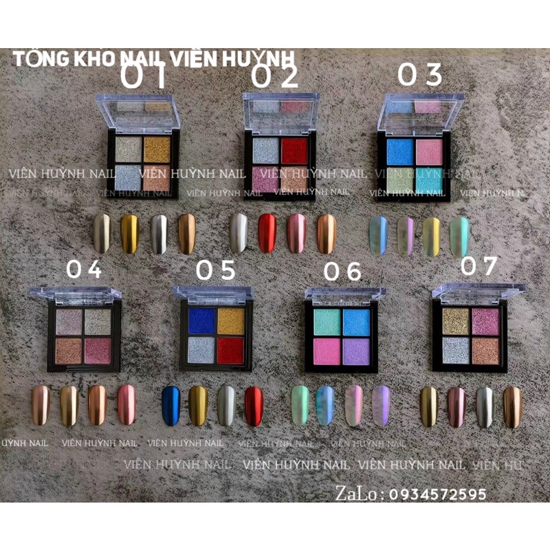 Tráng gương nail dạng nén , hộp 4 ô tráng gương ánh trai , vàng bạc , nhiều màu đẹp