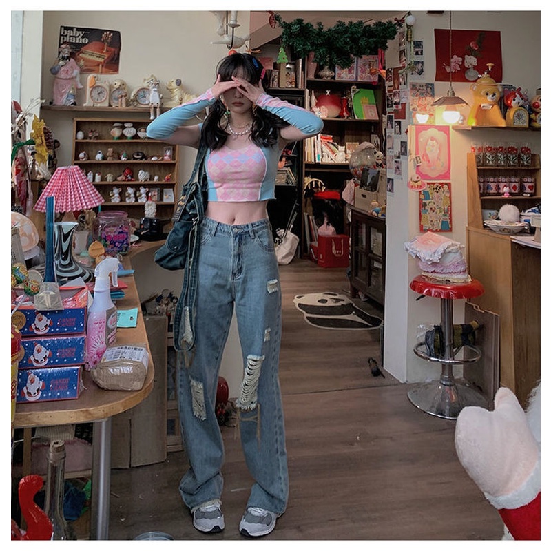 Quần Jean Ống Rộng Rách Gối Thời Trang Dành Cho Nữ