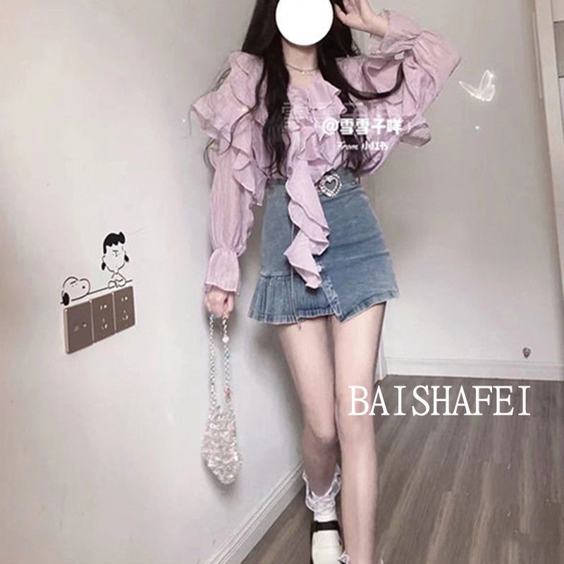 Set Áo Sơ Mi Tay Dài Phối Bèo Và Chân váy jean Lưng Cao Thời Trang Mùa Hè Mới Cho Nữ