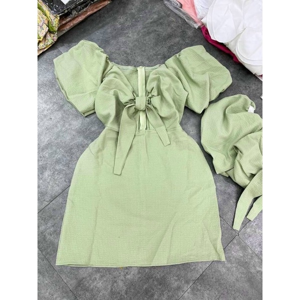 Váy xanh nơ ngưc , đầm nữ đẹp tay bo phồng, váy nữ cao cấp | BigBuy360 - bigbuy360.vn
