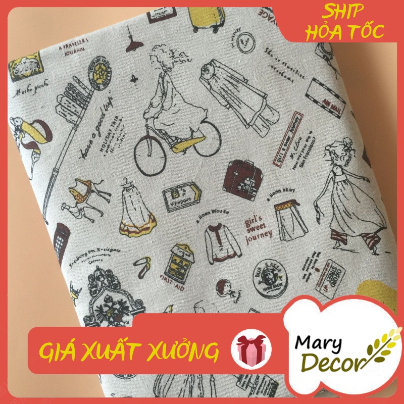 Vải linen họa tiết Vintage hành lý nâu vàng V-K05