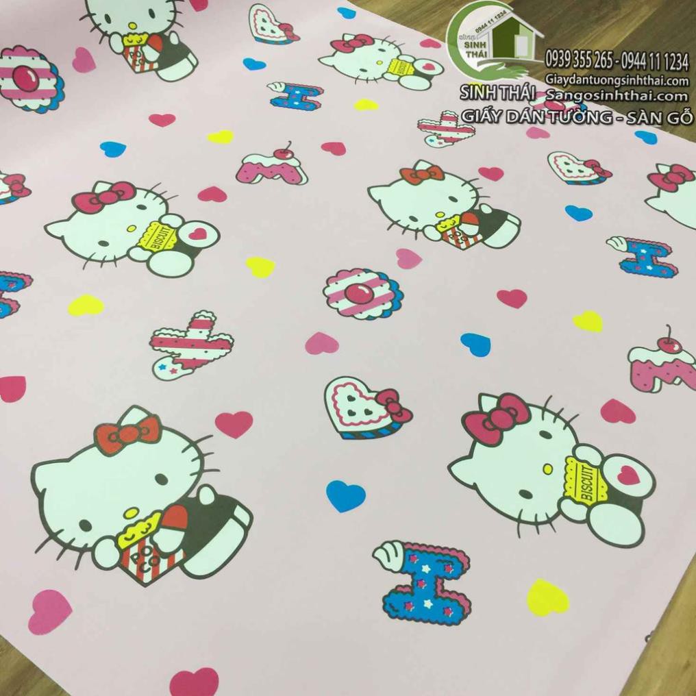 Giấy dán tường hello kitty màu hồng, khổ 90cm có sẵn keo