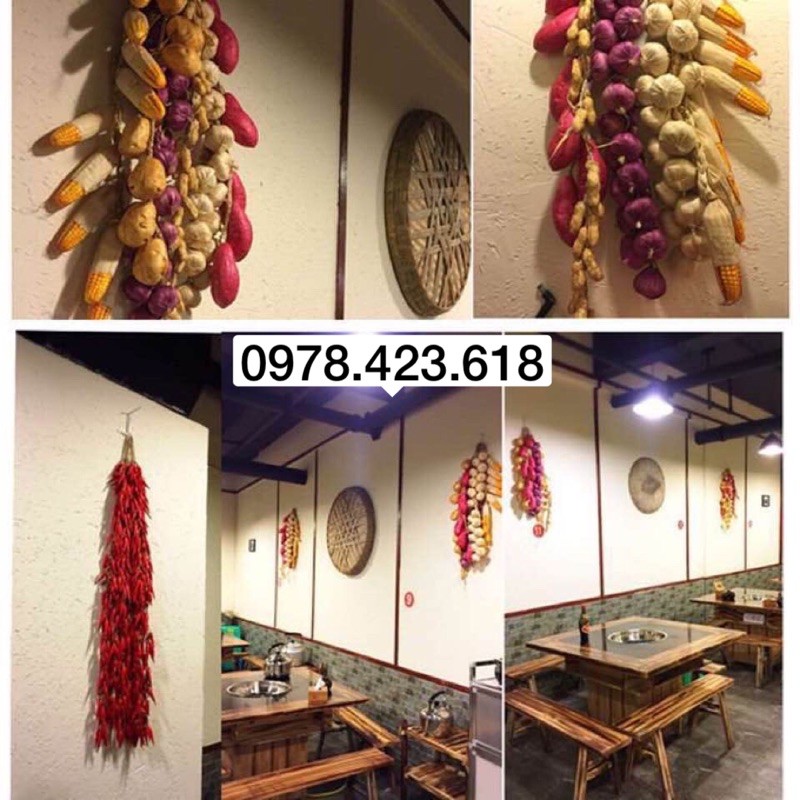 Dây củ quả giả, trái cây, hành tỏi, ớt, ngô, khoai lang, dây nông sản giả treo trang trí chợ quê, Tết truyền thống