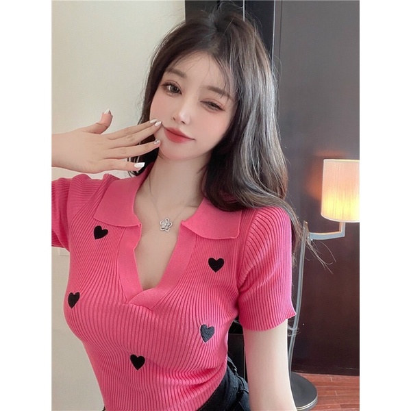 Áo HOẠ TIẾT TIM GB cổ sơ mi V thun gân tay ngắn cho Nữ - alohashop91