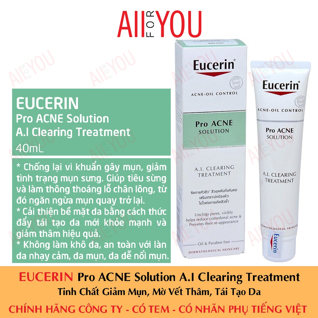 [CHÍNH HÃNG CÓ TEM] EUCERIN Pro ACNE Solution A.I Clearing Treatment 40mL - Tinh Chất Giảm Mụn, Mờ Vết Thâm, Tái Tạo Da.