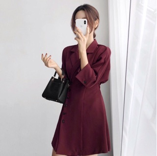 Đầm đỏ đô cổ chéo có nút, tay lững