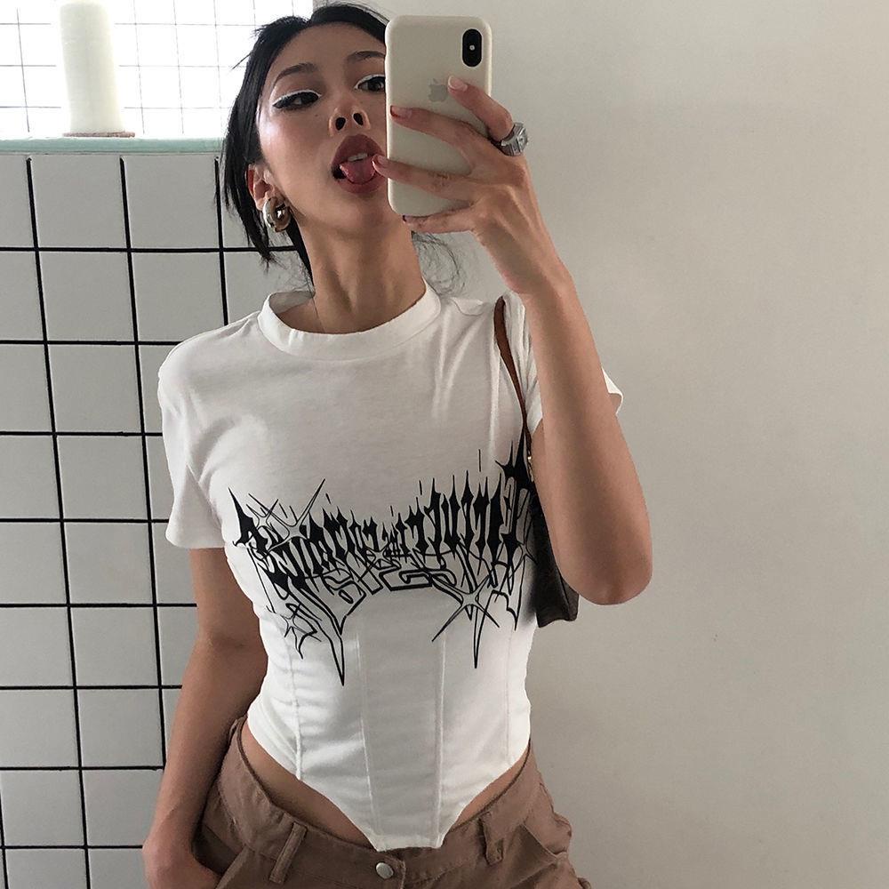 Áo Thun Tay Ngắn Dáng Ôm In Họa Tiết Xương Cá Thời Trang Cá Tính Cho Nữ Y2K