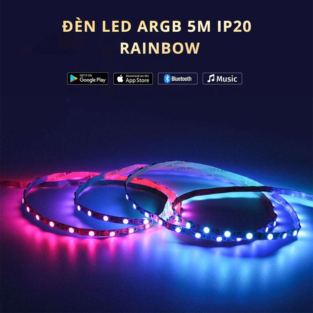 Đèn led trang trí ARGB đổi màu cảm biến âm thanh, kết nối bluetooth, dài 5m IP20 chip led ws2812b