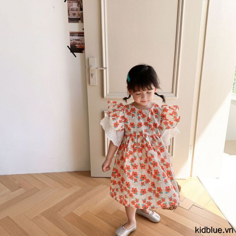 Dress Girls' Print Cuffs Princess Dress Baby Girls Clothes Short-sleeved Sweet Cute Knee-Length Skirt Casual Dress