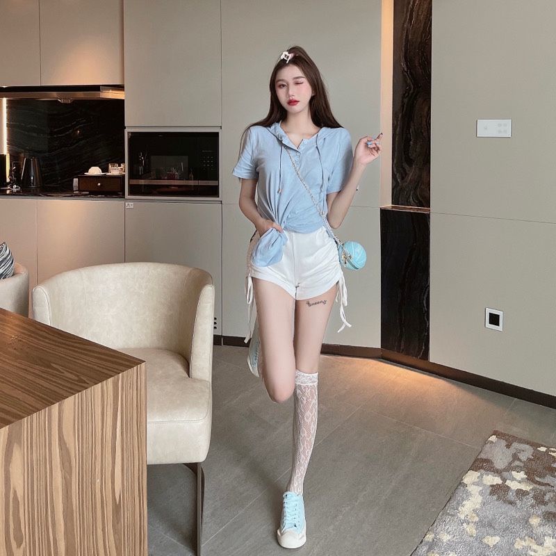 Set Áo Thun Tay Ngắn Có Nón Và Quần Short Lưng Cao Thời Trang Mùa Hè Mới 2022 Dành Cho Nữ