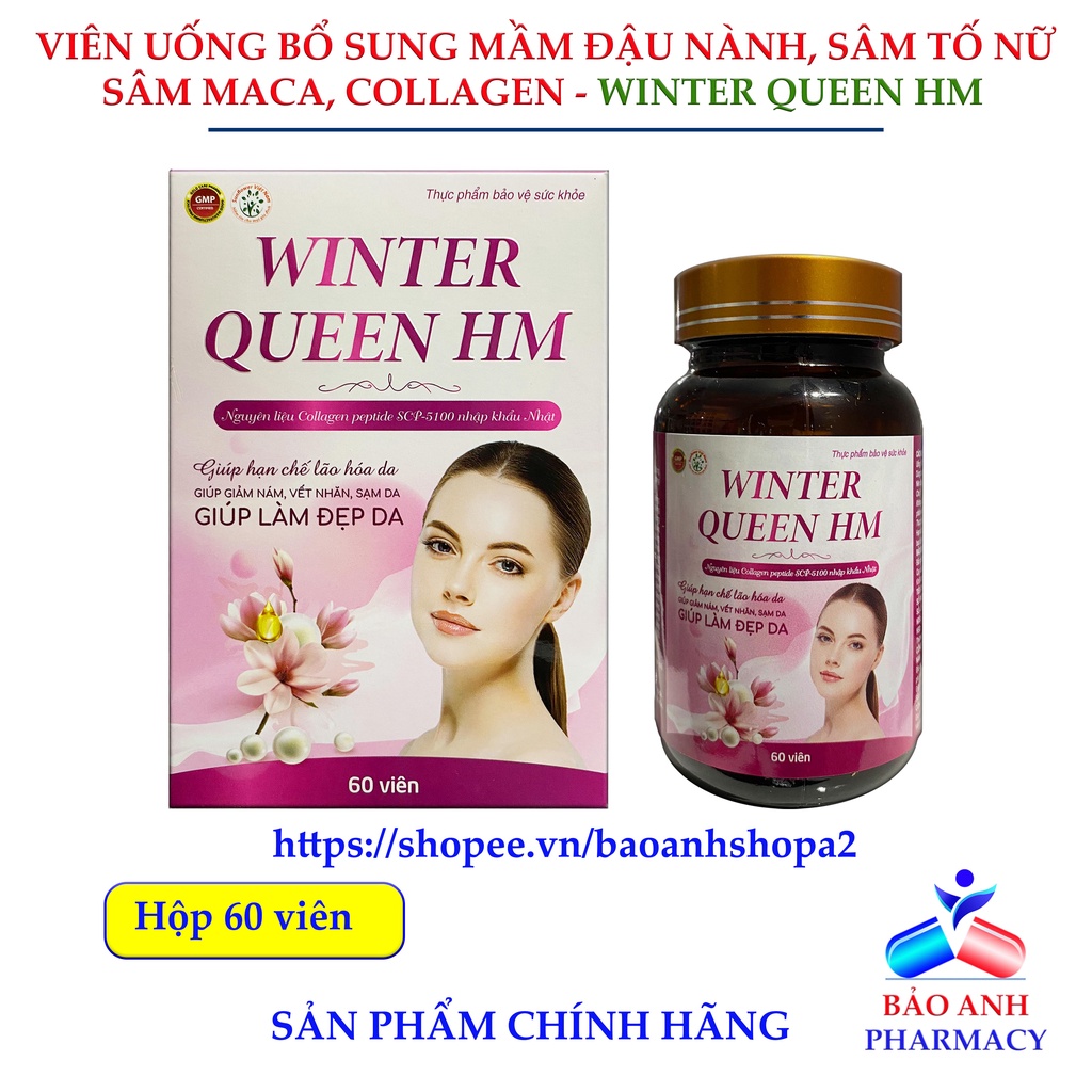 Viên Sâm tố nữ, mầm đậu nành, Collagen WINTER QUEEN HM giúp làm đẹp da, giảm sạm, nám, vết nhăn, bốc hỏa tiền mãn kinh