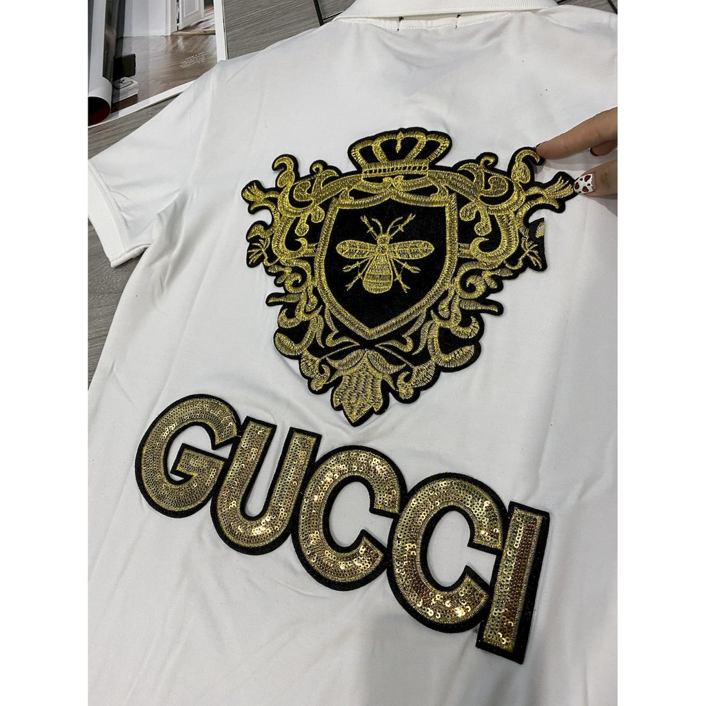 Áo thun nam polo ngắn tay cổ trụ đính đá kim sa vương miện GUCCI , Áo cotton 100% cao cấp