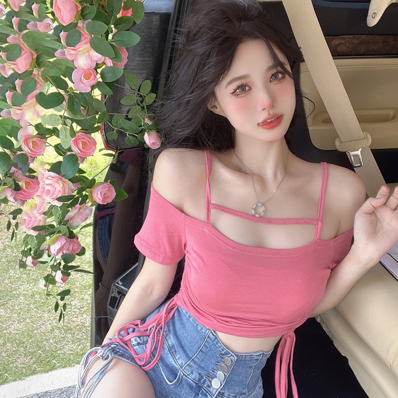 Áo Thun Crop Top Tay Ngắn Mềm Trễ Vai Cột Dây Dáng Ôm Phong Cách Hàn Quốc