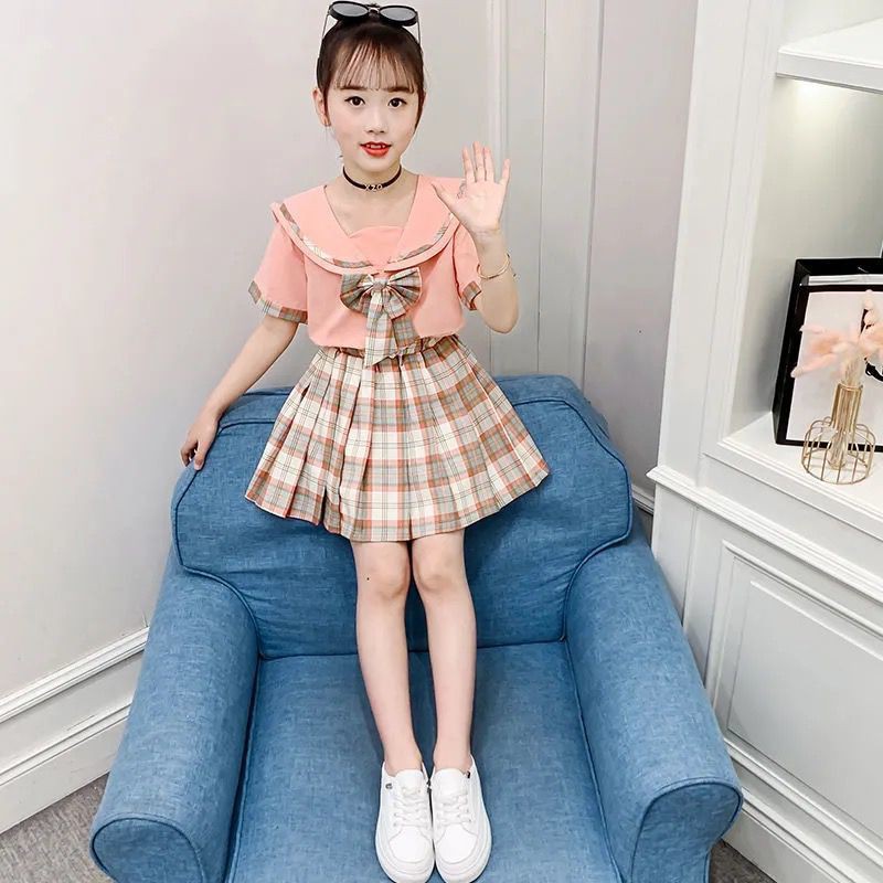 Girls' suit summer dress 2021 new western style net red children's clothing little girl college style children's skirt two-piece trend