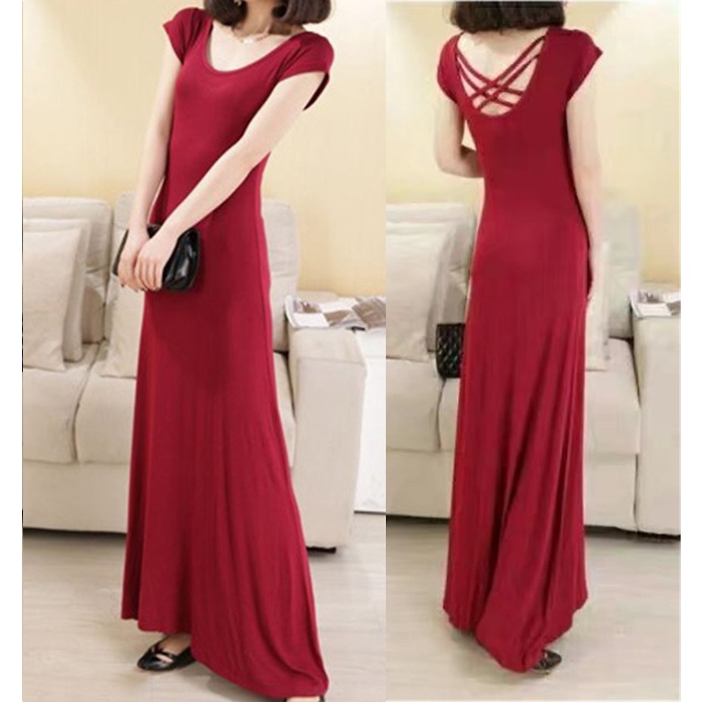 Đầm Váy body thun dài dự tiệc thiết kế dây đan lưng sang chảnh ngắn tay - Đỏ- DB35