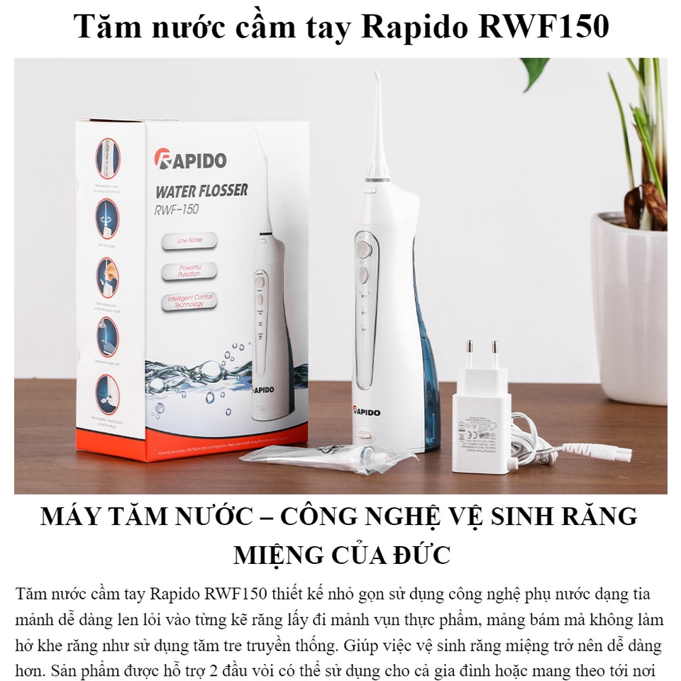 Hàng Chính Hãng - Máy Tăm Nước Rapido RWF-150  Làm Sạch Răng, Massage Lợi Công Nghệ Đức 3 Tốc Độ  Bảo Hành 1 Đổi 1