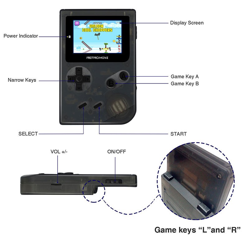 Tay cầm chơi game Retro Mini 169 game - chạy được GBA GBC GB có thể chép thêm game qua khe thẻ (đen trong)