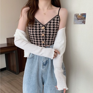Áo len 2 dây kẻ caro cúc đồng hoạ tiết phong cách retro hàn quốc co dãn 4 chiều
