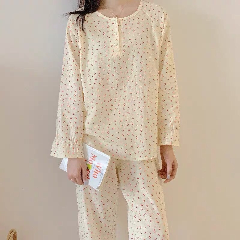 Bộ ngủ dài tay tiểu thư hoạ tiết cherry cotton gai | BigBuy360 - bigbuy360.vn