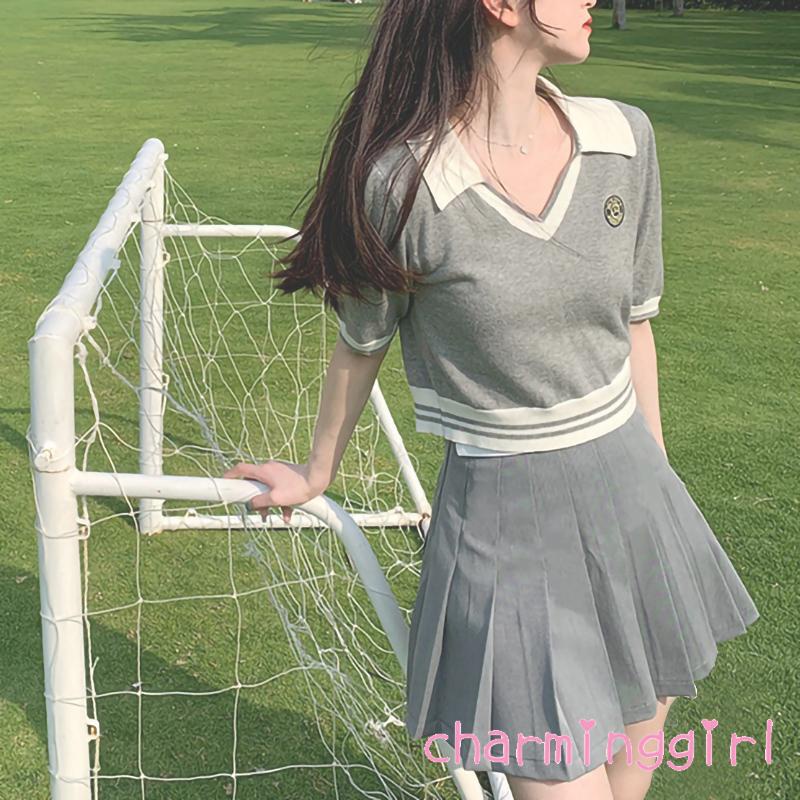 QAQ-Women Short Sleeve Polo Shirt Applique Pattern and Stripe Printing V-neck Pullover