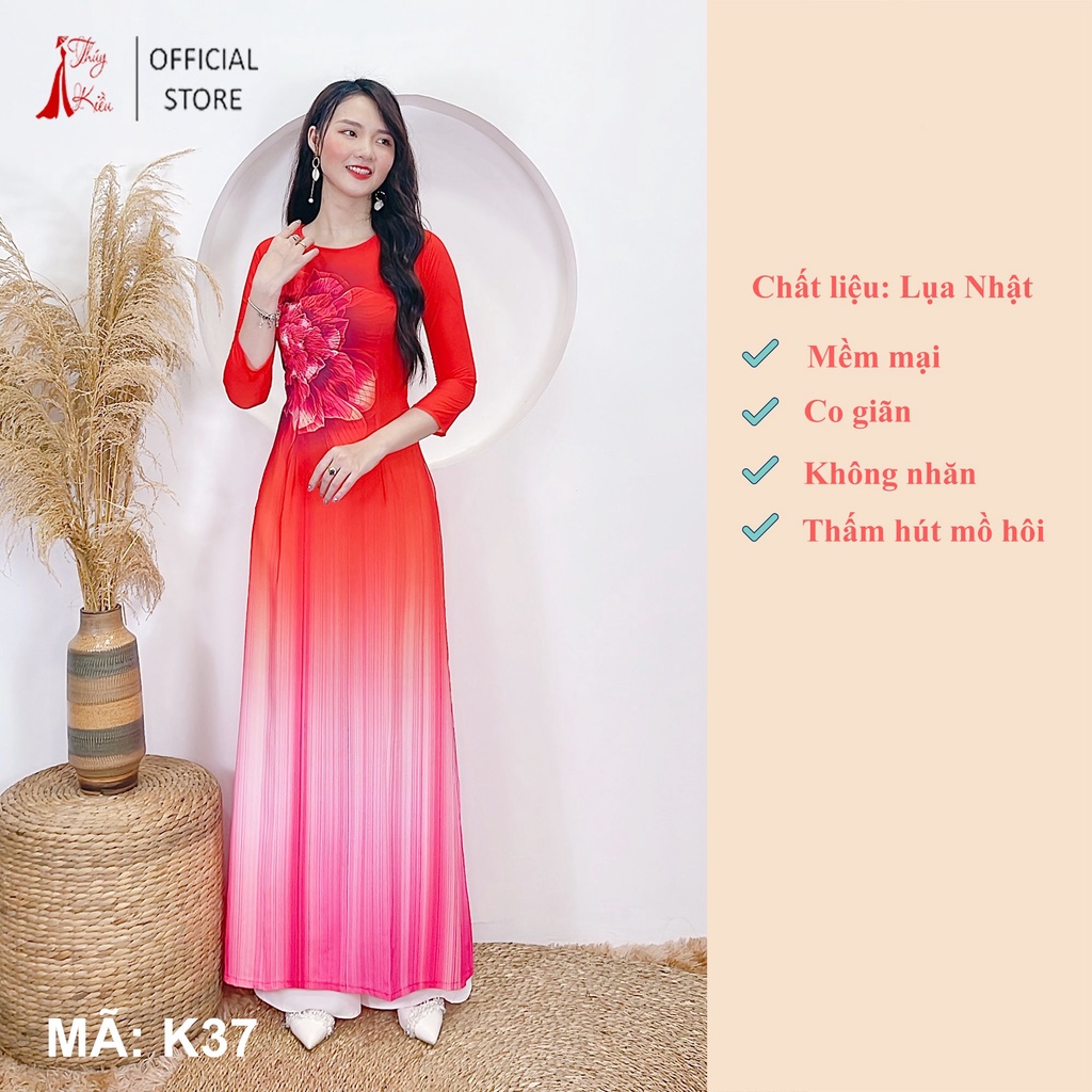 Áo dài nữ truyền thống thiết kế may sẵn tết cách tân nữ nền đỏ cam K37 Thúy Kiều mềm mại co giãn áo dài giá rẻ