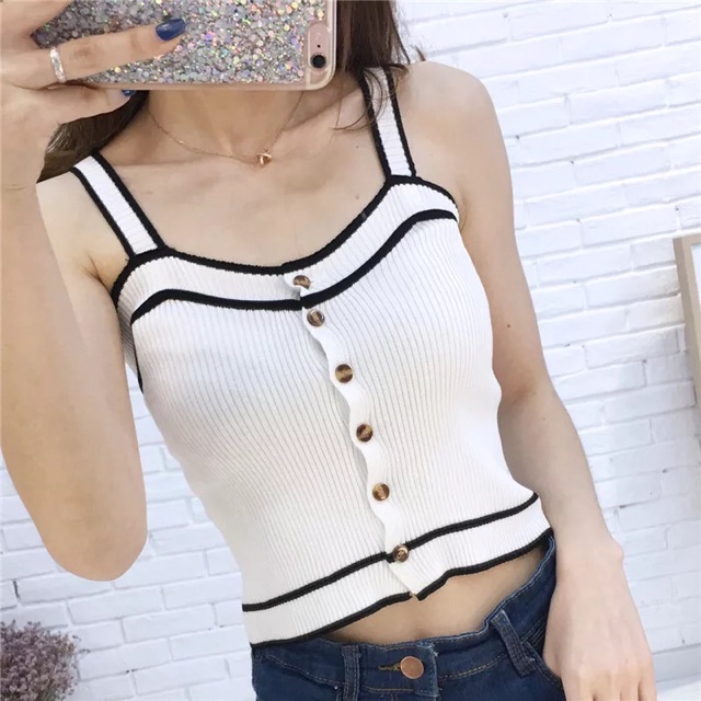 Áo hai Dây Len Co dãn Gài Nút Kèm Hình Thật Và video Sau