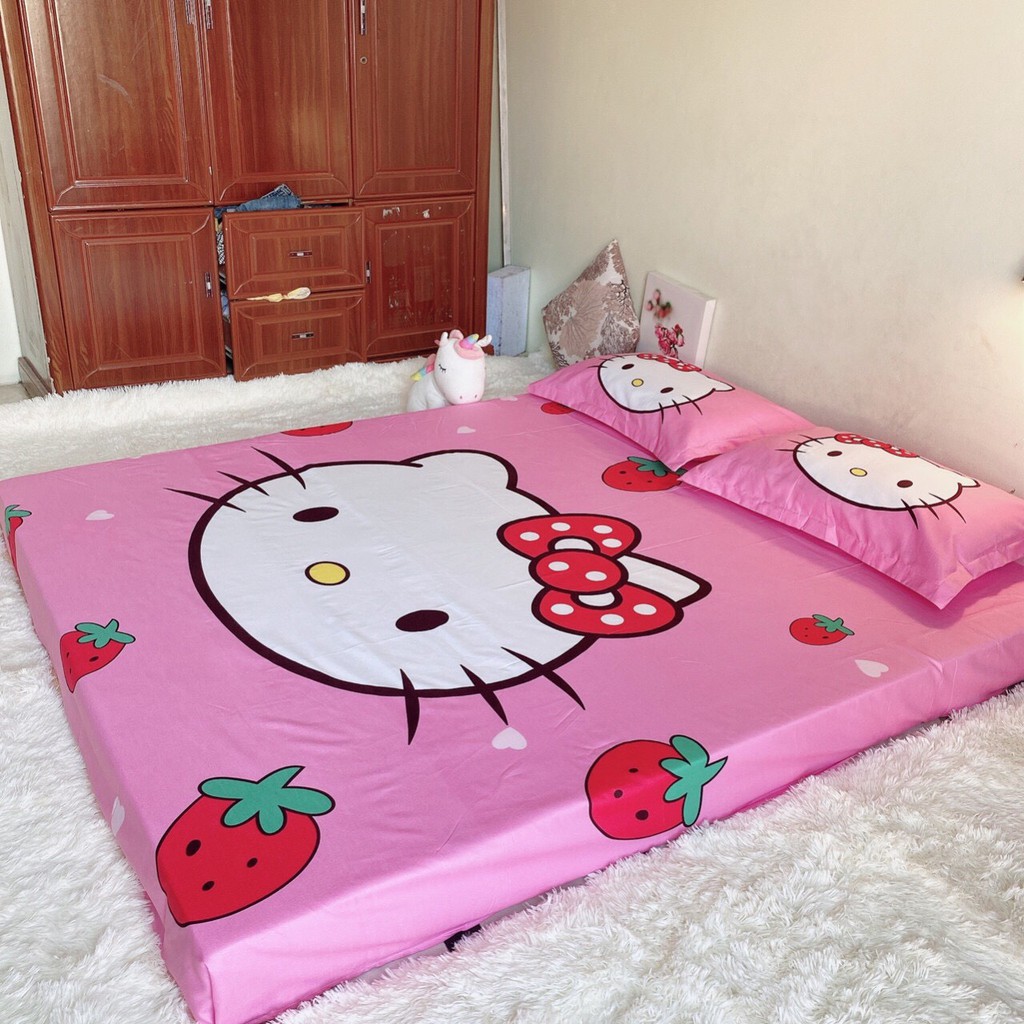 Ga Gối Cotton Tina Hàng Nhập Khẩu Cao Cấp 3 Món Mẫu Kitty dâu