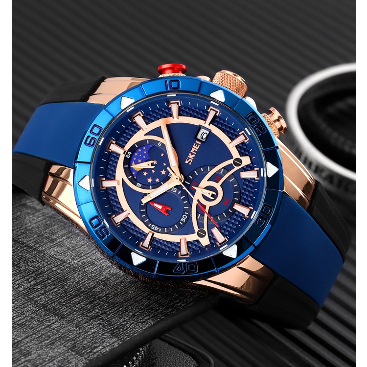 Đồng Hồ Quartz SKEMI 9270 Mặt Trăng Phase Chống Thấm Nước Dây Silicon Dài 50m Thời Trang Công Sở Cho Nam