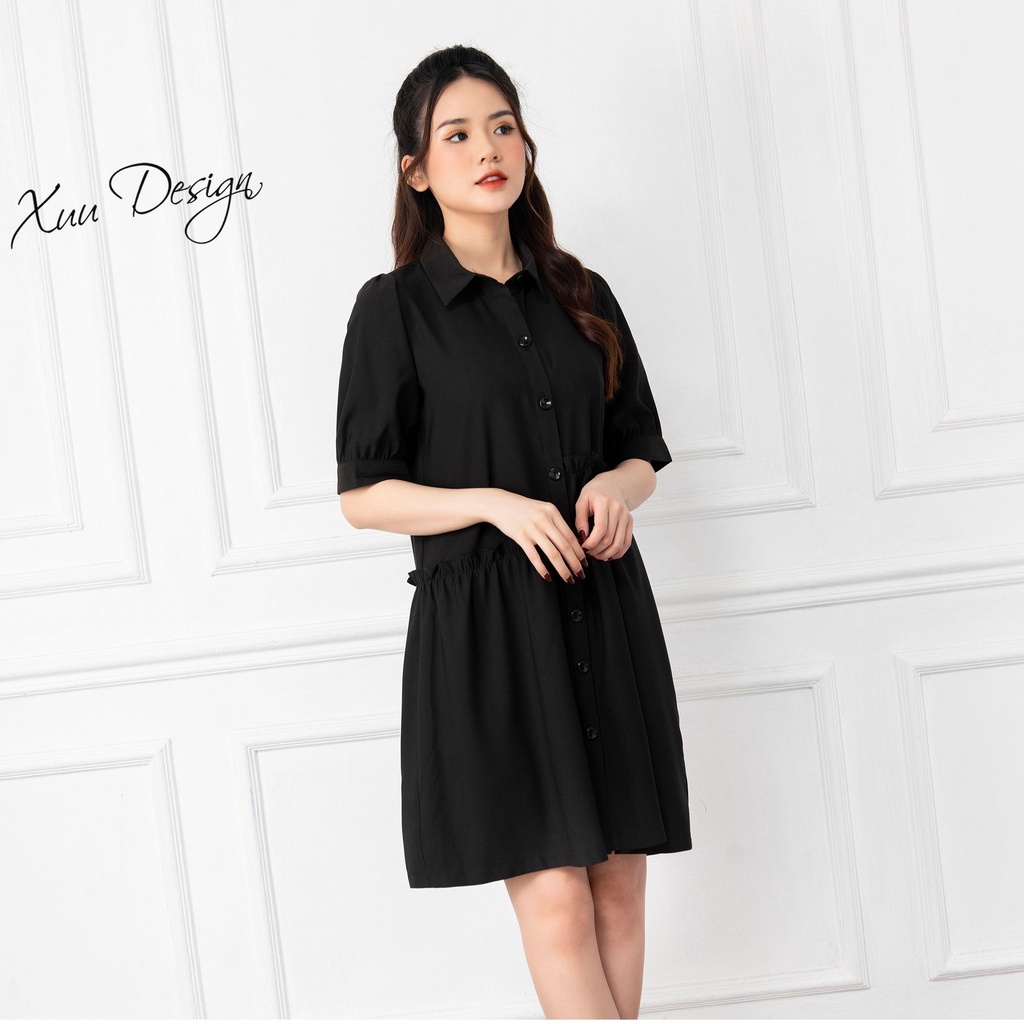 Váy suông phối bèo babydoll XUU cổ sơ mi, chất liệu tơ Xuu Design V02