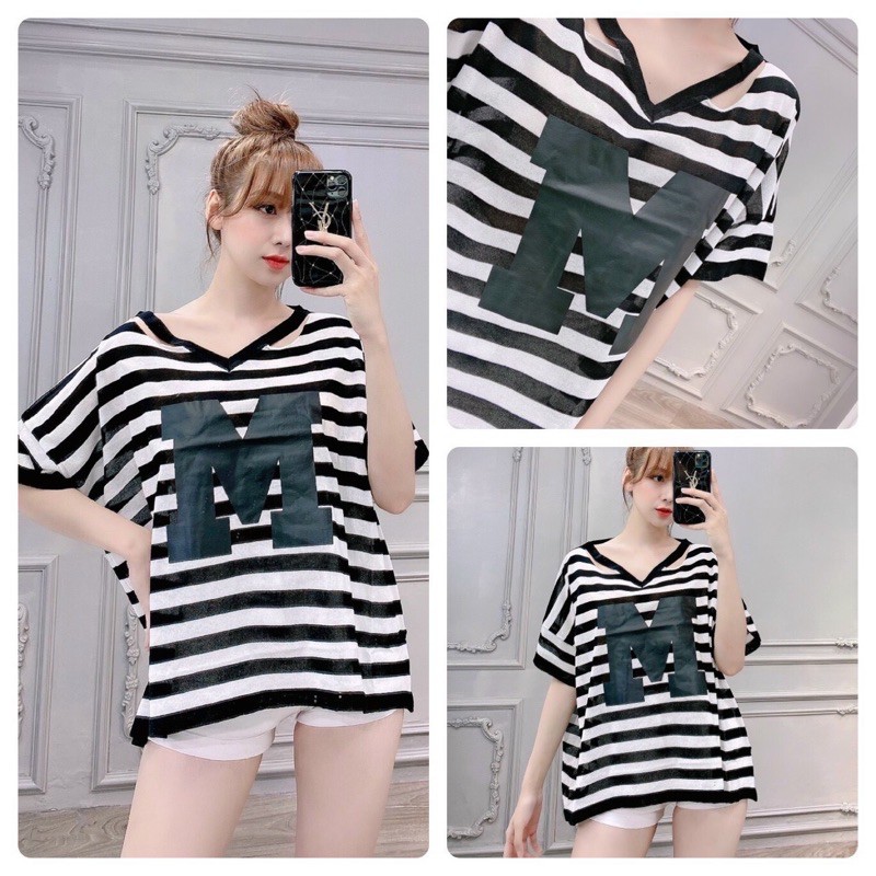 Áo len kẻ form rộng in chữ M | BigBuy360 - bigbuy360.vn