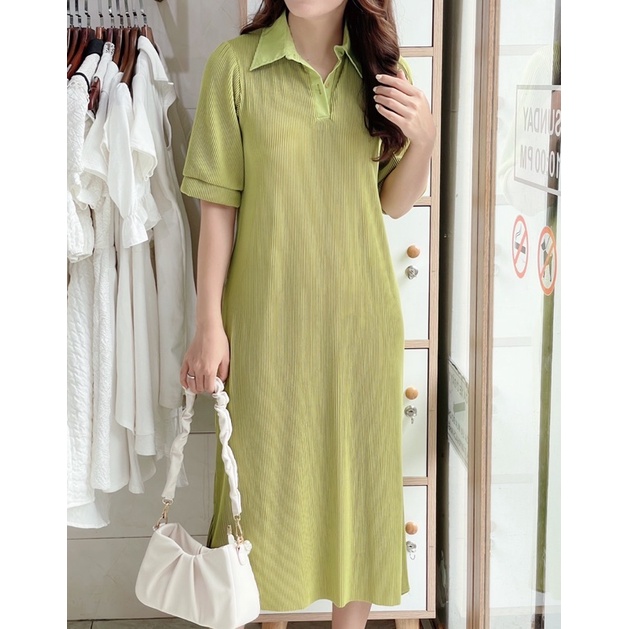 Đầm suông thun dập li nhỏ cổ sơ mi nhiều màu