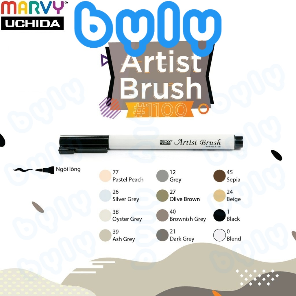 [Ship hỏa tốc] Artist brush [tone xám đen] - Bút lông đầu cọ mảnh Marvy 1100 - ByLy Store