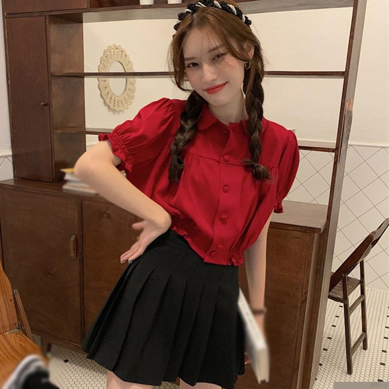 Áo sơ mi croptop tay phồng cổ búp bê màu sắc đơn giản thời trang theo phong cách hàn quốc cho nữ