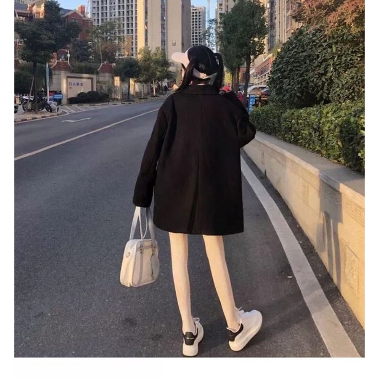 Áo khoác dạ đen cài nút mùa đông oder taobao