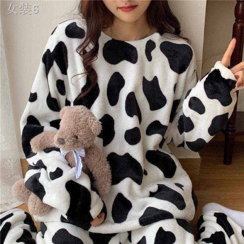 ❆ins flannel pijama nữ mùa thu đông phiên bản Hàn cộng với nhung dày đồ ngủ ngọt ngào phục vụ tại nhà bộ hai mảnh