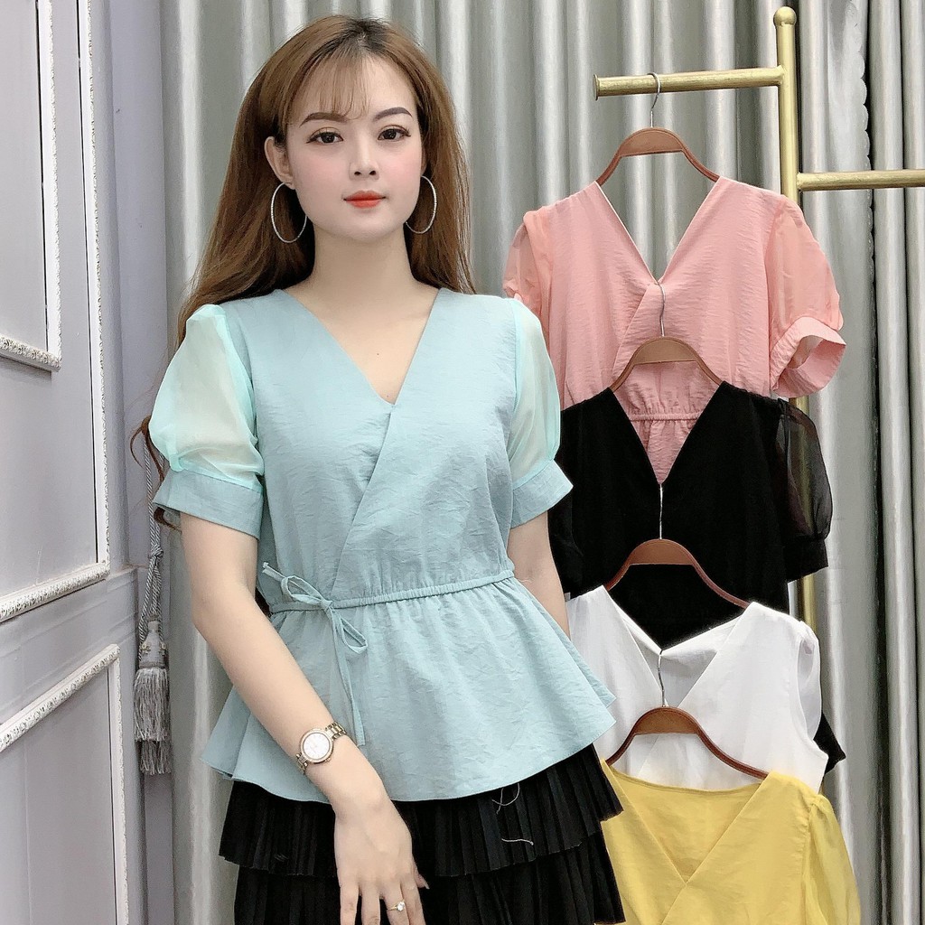 Áo Sơ Mi Kiểu Công Sở Ngắn Tay Chất Đũi Tay Voan Cổ Tim - 5 Màu Trắng Vàng Đen Xanh Hồng - Hanlly Fashion - A1