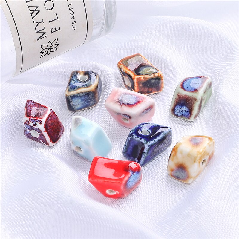 5 Hạt xỏ lỗ bằng gốm sứ men hoa 20x14x14mm hình thang dùng làm trang sức thủ công