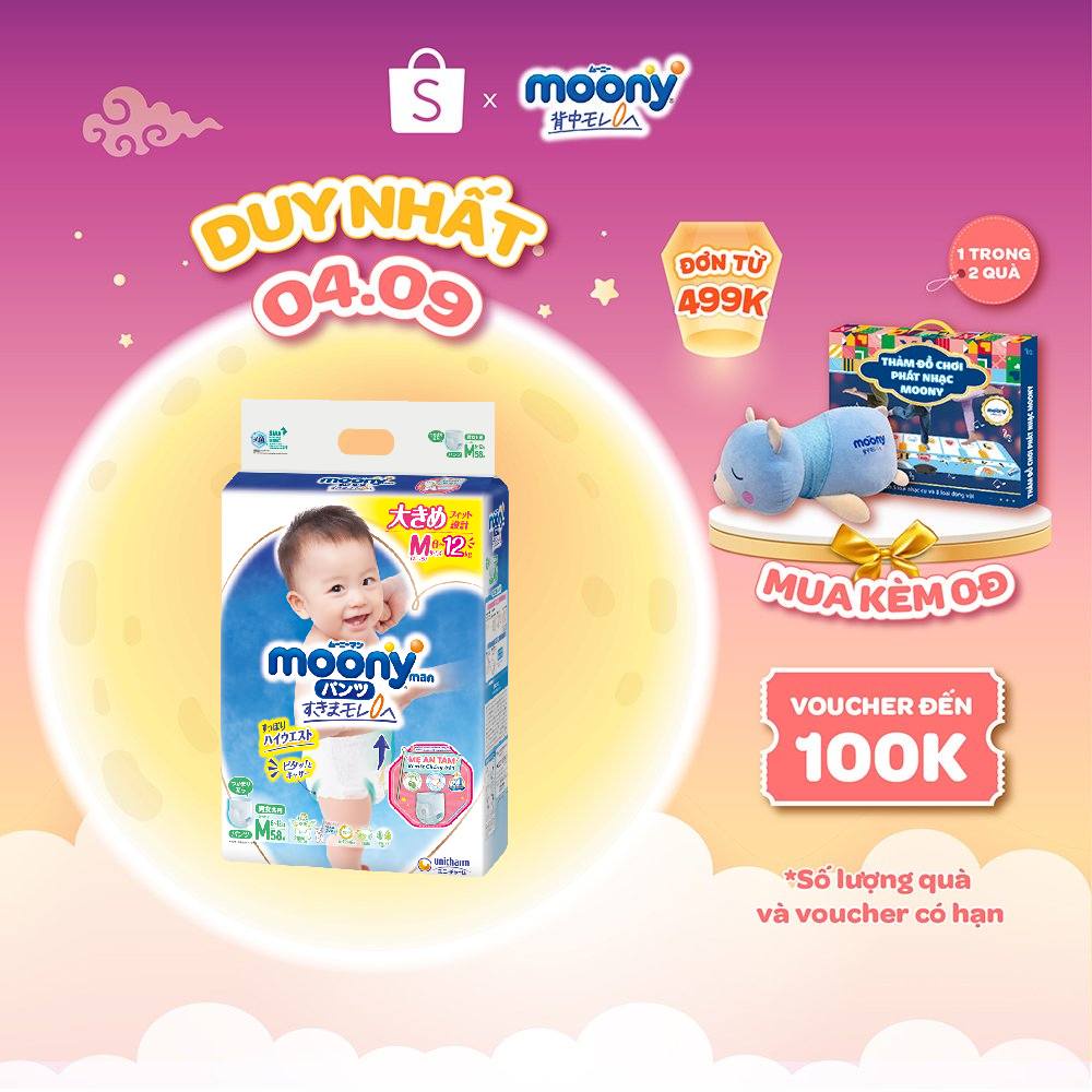 Tã quần cao cấp Moony M 58 miếng - Nhập khẩu từ Nhật Bản